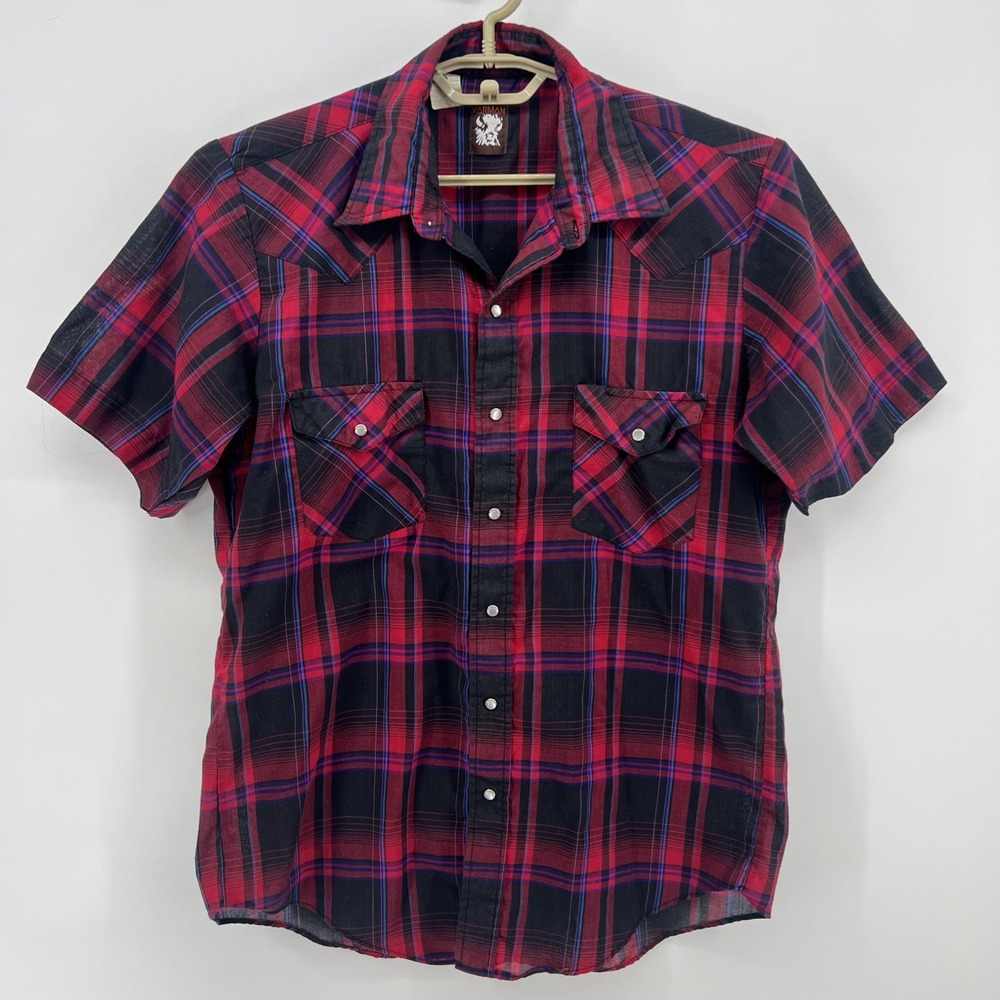 Vintage Karman Western Shirt Mens Medium Red Plaid Pearl Snap Rockabilly Y2K